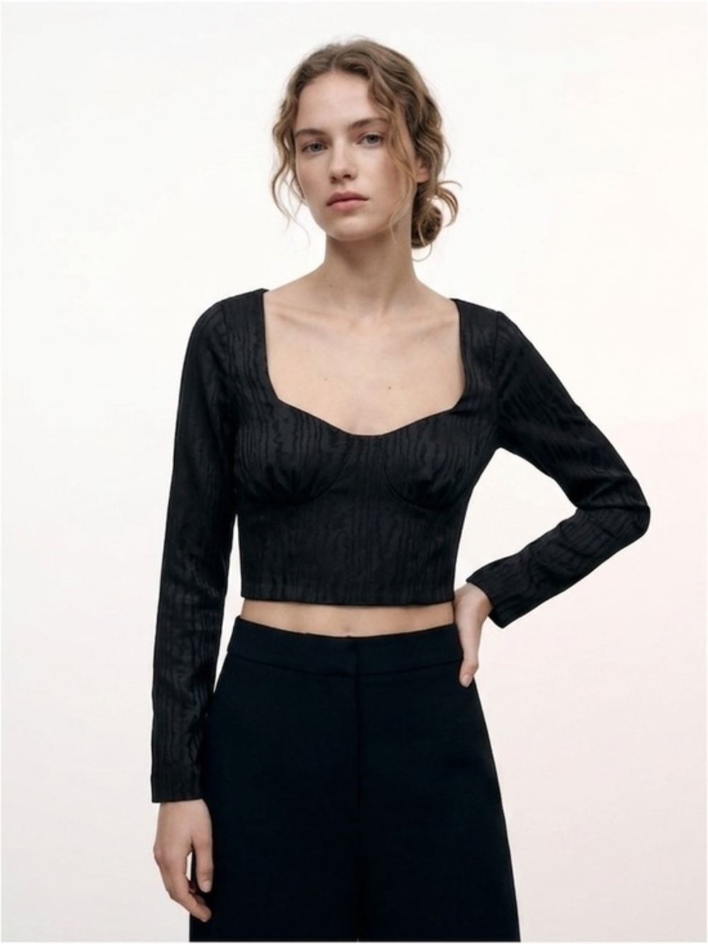 Zara Black Long Sleeve Cropped Bustier Top Size Large